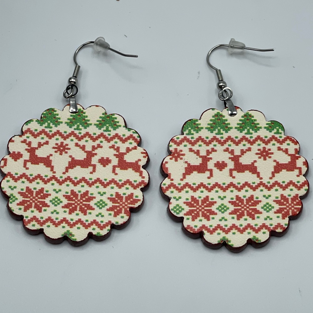 Leather Holiday Reindeer Earrings - Red and Green
